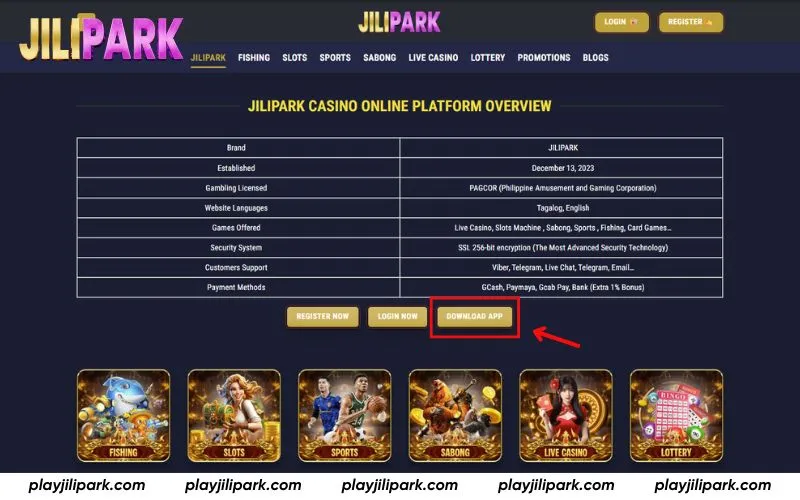 Tap “DOWNLOAD APP” on the JILIPark homepage