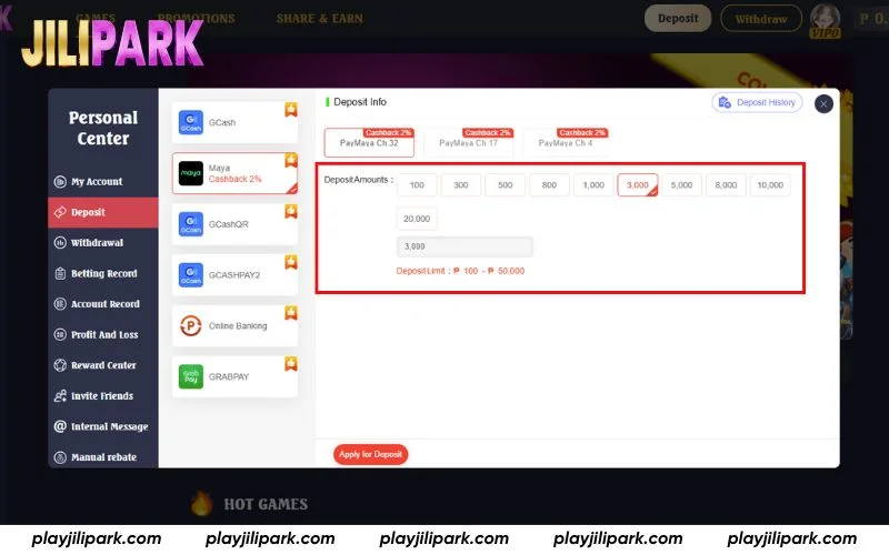 Enter or select your desired deposit amount