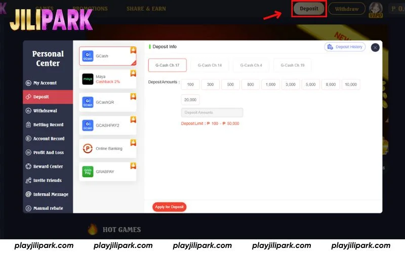 Tap “Deposit” at the top to open the payment menu