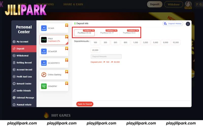 Select Maya for 2% cashback on deposits