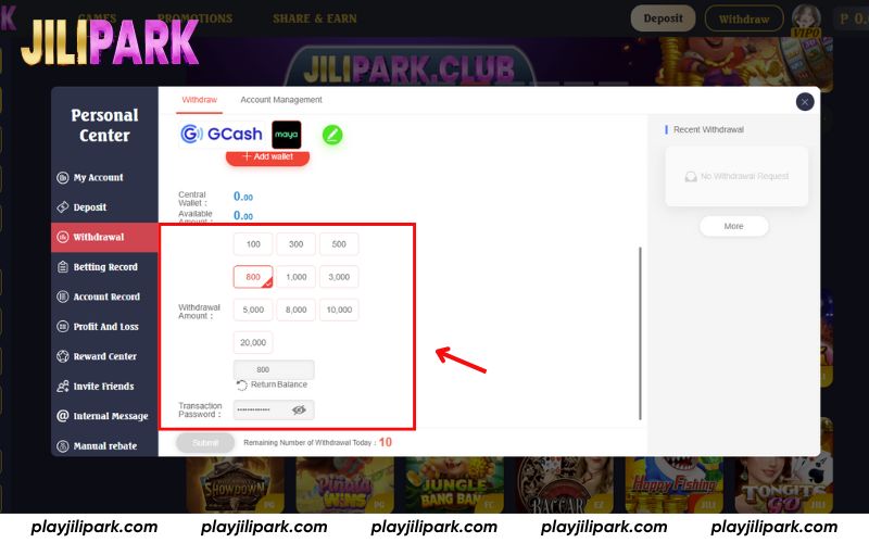 Enter amount and transaction password