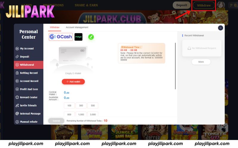 Open the withdrawal interface